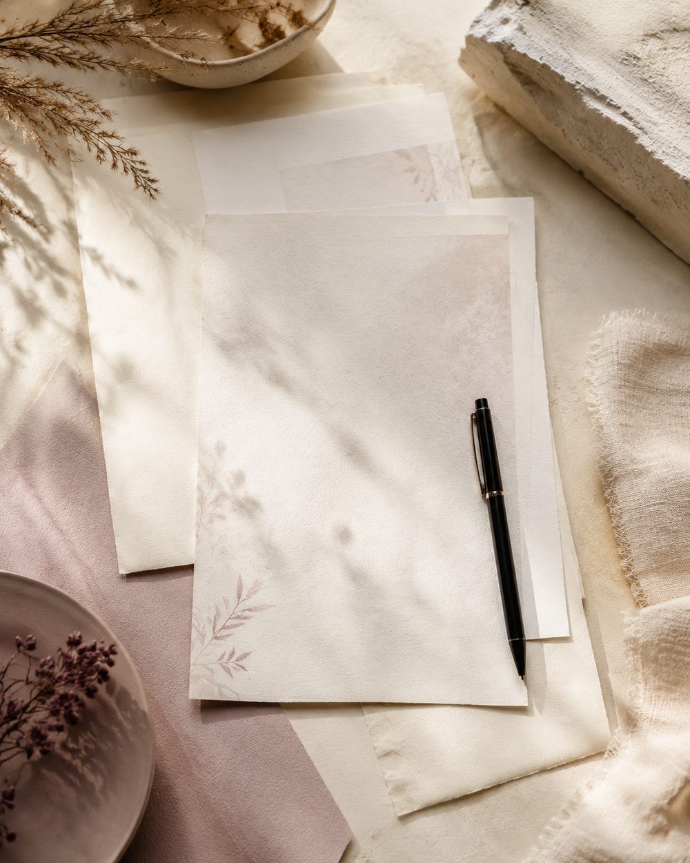Printed pages and a pen on a pale linen desk