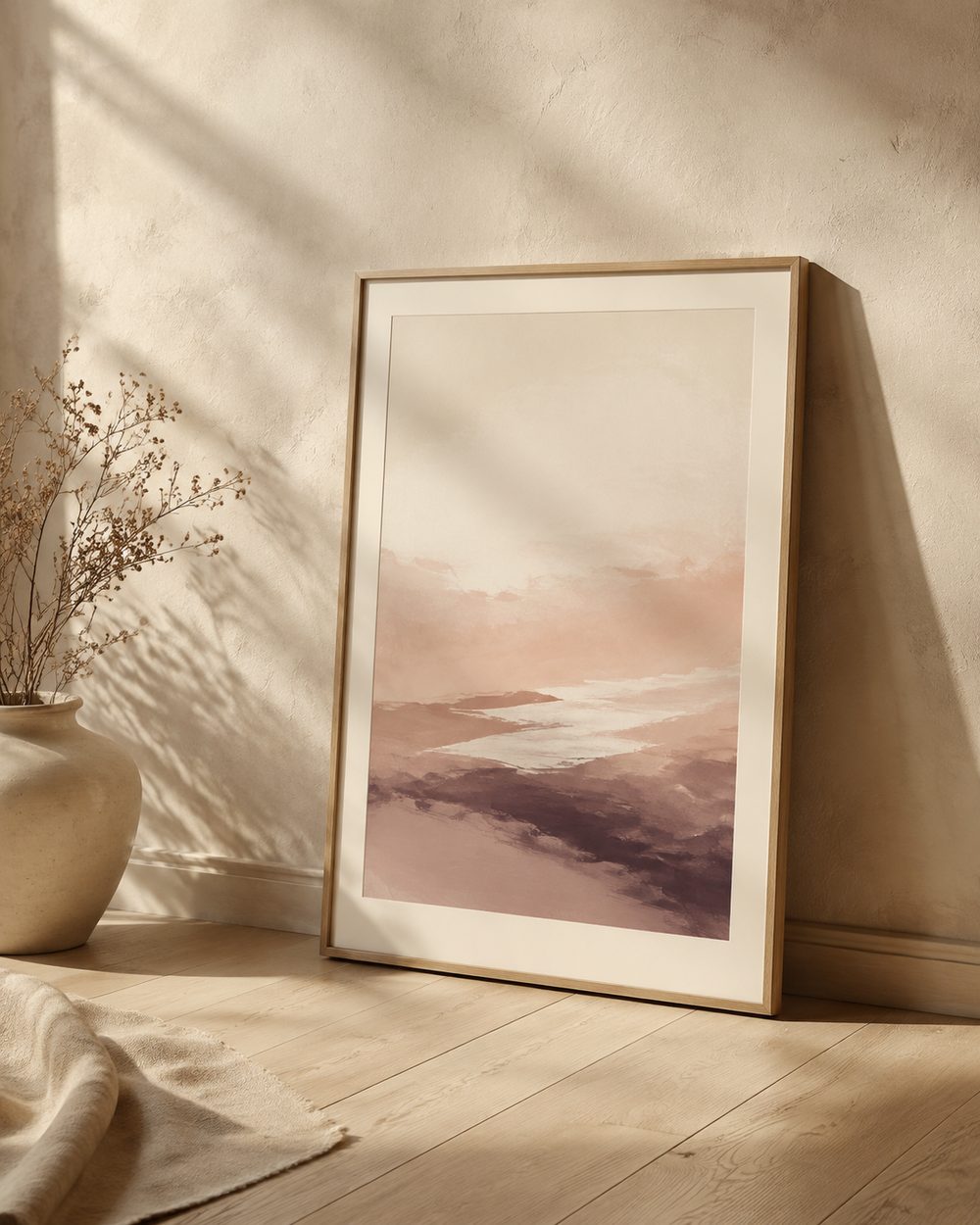 A framed scripture art print leaning against a warm plaster wall
