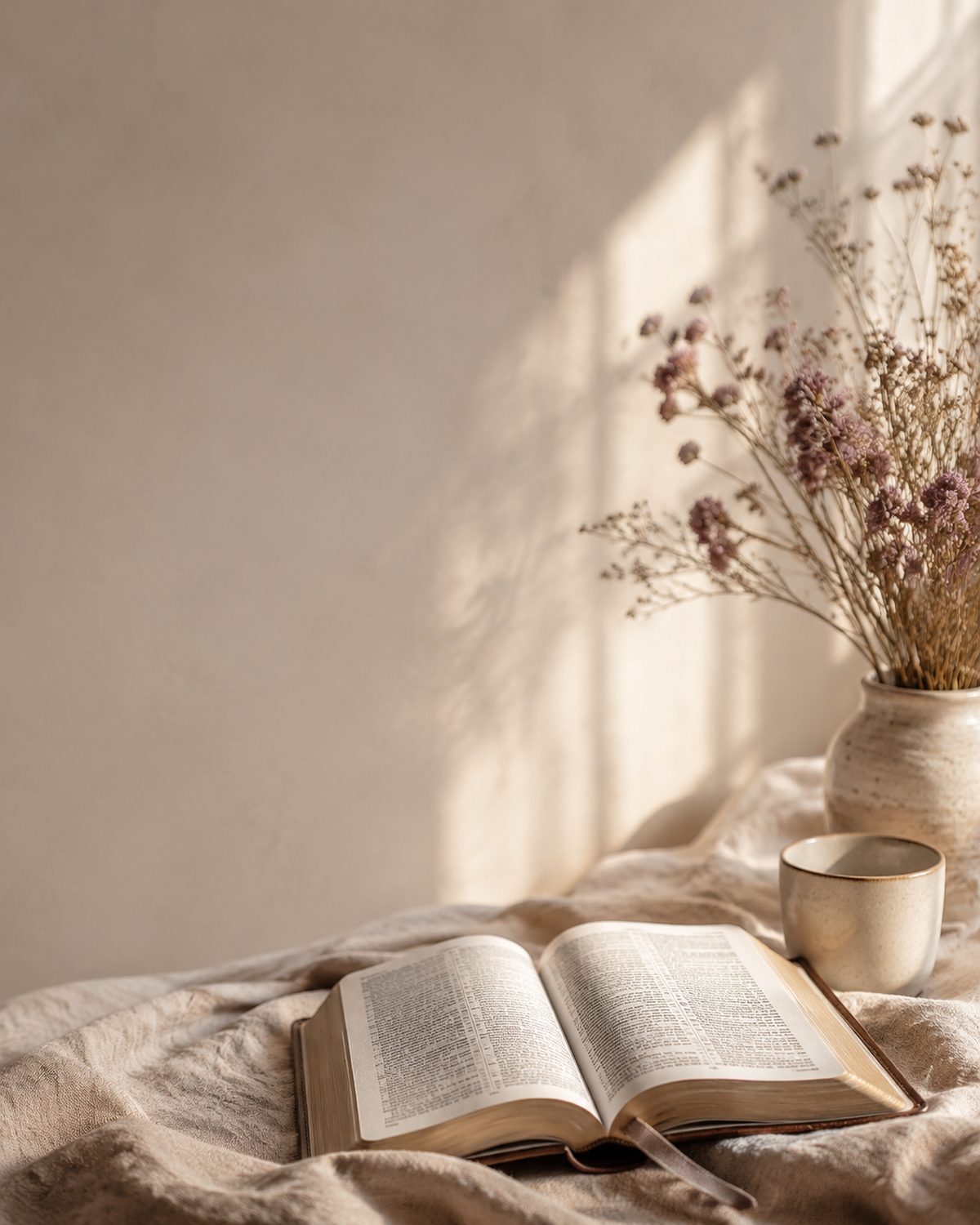 An open Bible on linen in soft morning light beside dried flowers