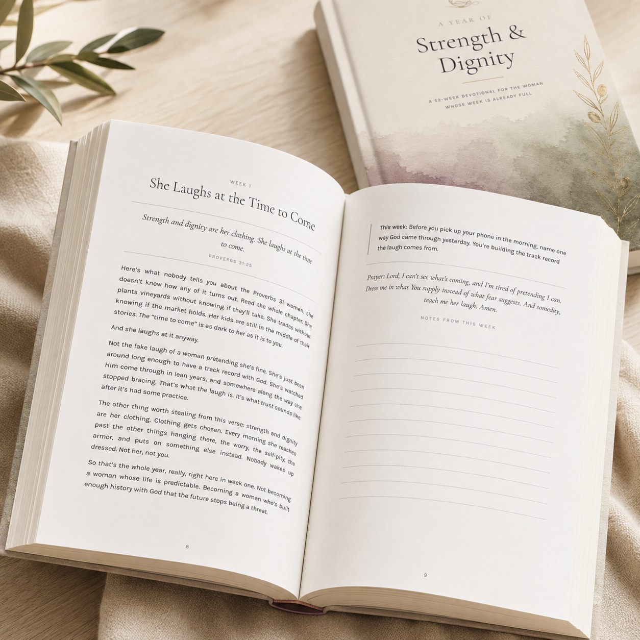 A Year of Strength and Dignity devotional in soft daylight