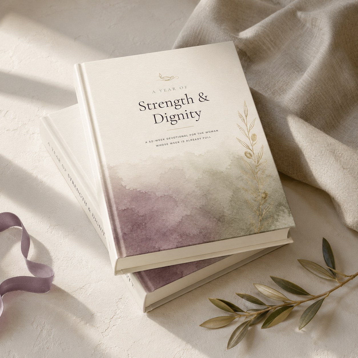 Two copies stacked in morning light with an olive branch